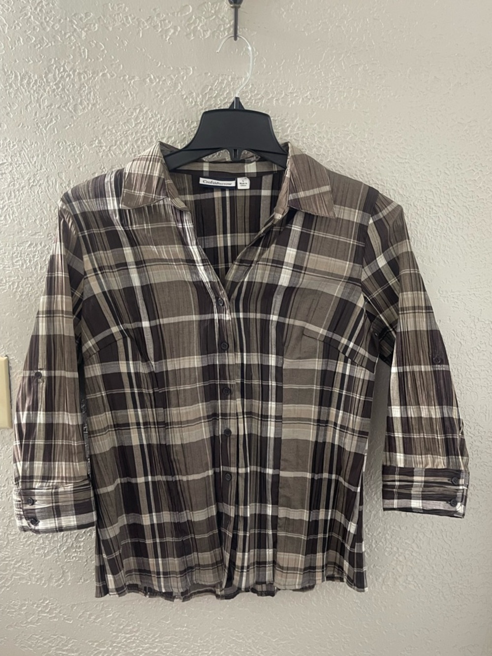 croft & barrow‎ VTG Women’s Brown and Cream Plaid Button-Front Shirt Large